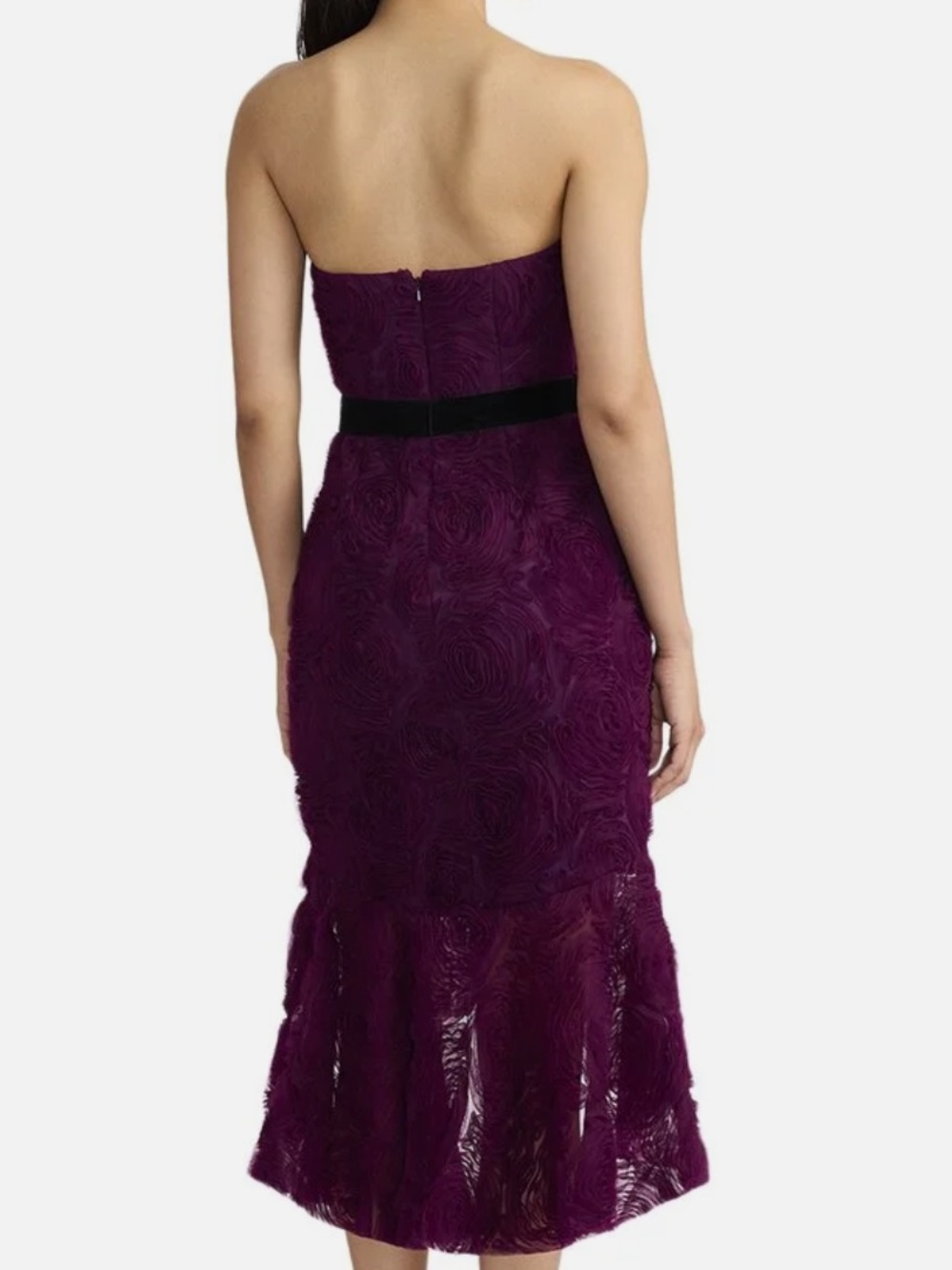 Zac Posen Strapless Plum Lace Midi Dress with Black Waist